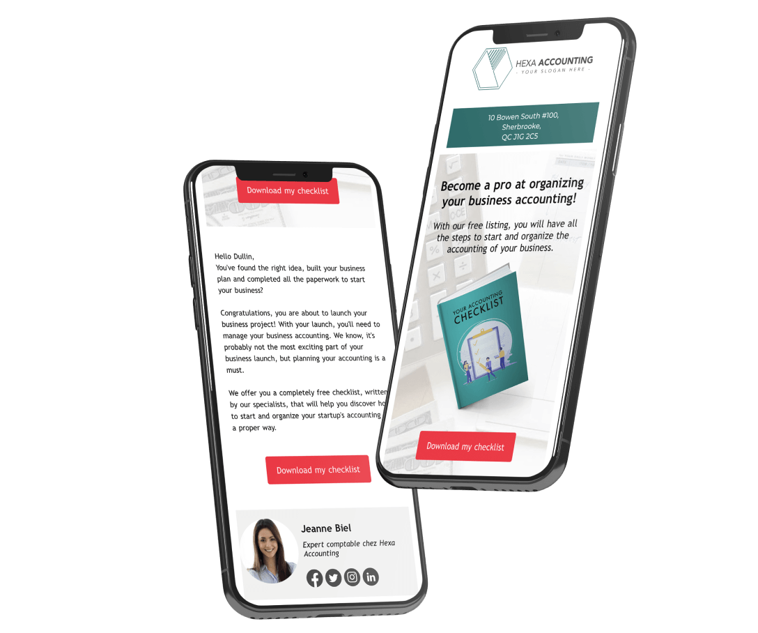 Two phones showing an accounting firm's email offering a free checklist